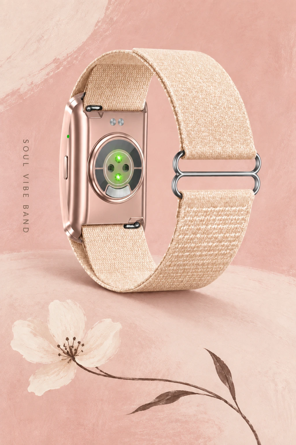 Soul Vibe Band, rear sensor view with a blush strap and vertical brand lettering against a pink floral painted background